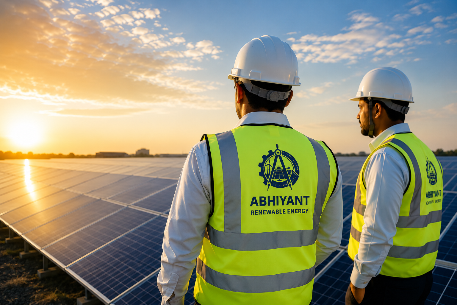 Abhiyant Engineers overseeing the solar farm at sunset
