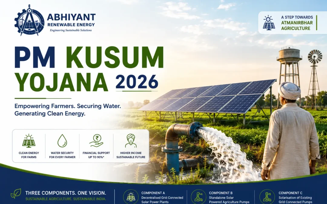 PM KUSUM Yojana 2026 guide showing Components A, B & C with solar power plants, solar irrigation pumps, and agricultural solar solutions by Abhiyant Renewable Energy